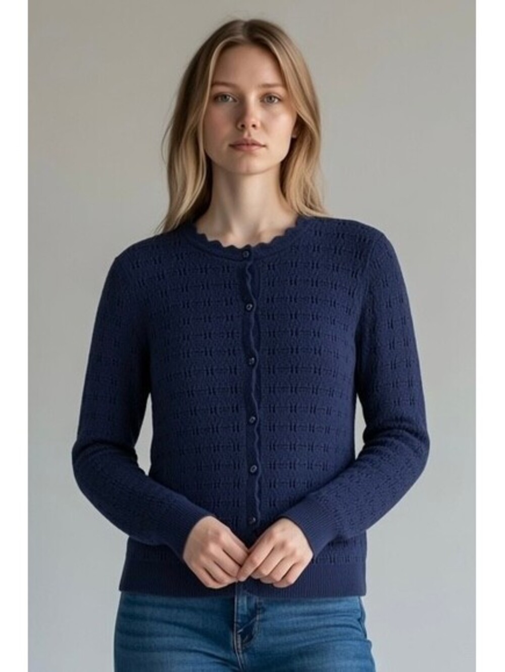 J.Crew Factory 100% Cotton Scalloped Pointelle Cardigan Sweater - Size L